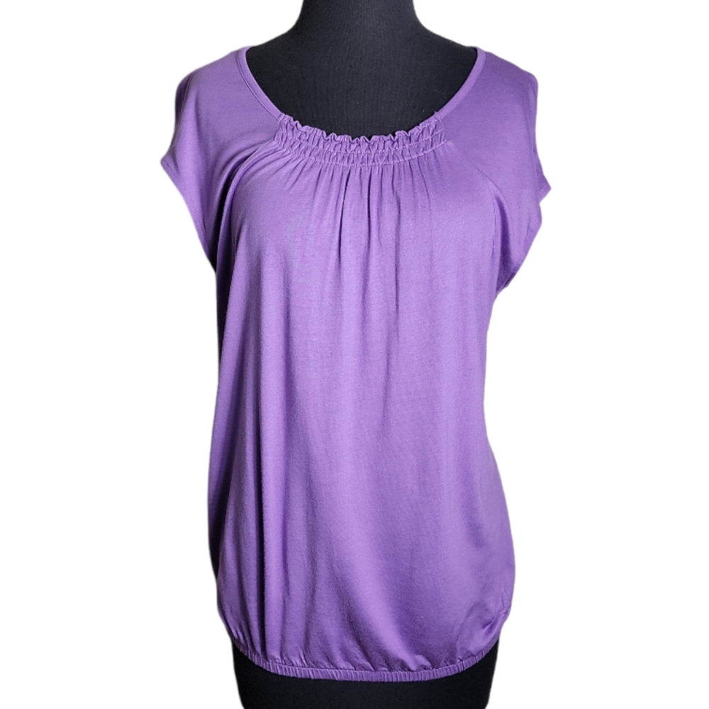 GAP purple smocked scoop neck short sleeve top women's small stretch casual
